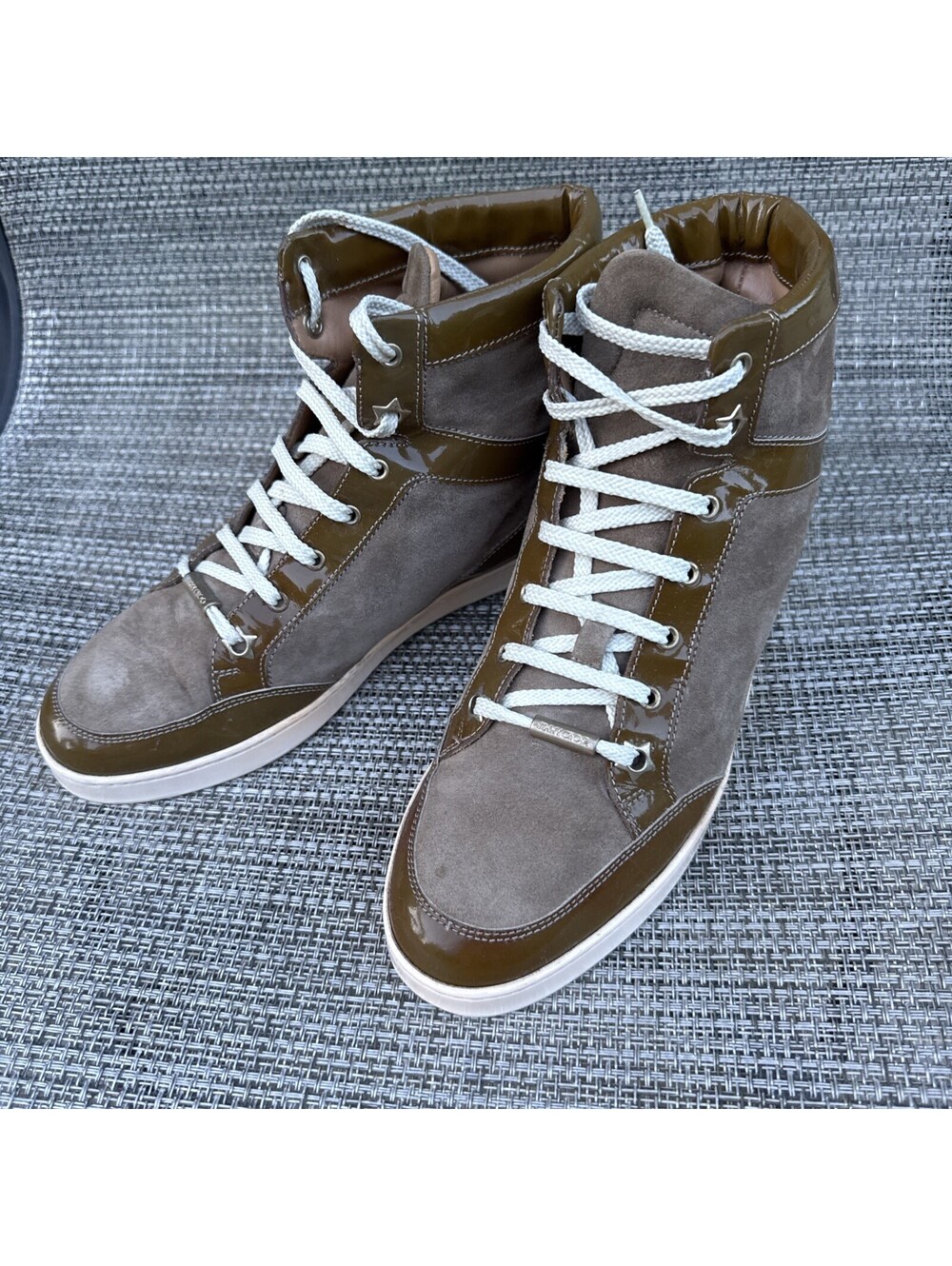 Jimmy Choo Tokyo High Top Suede Patent Leather Sneaker Women's Sz 37.5 /US 7.5-8 - Picture 3 of 16